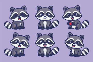 Cute raccoon cartoon character set