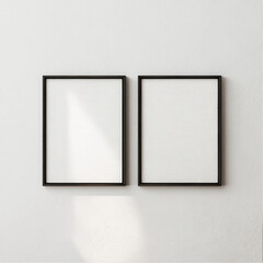 Two white minimalist frame mockups hanging side by side on the wall, front view, with simple black frames and thin borders