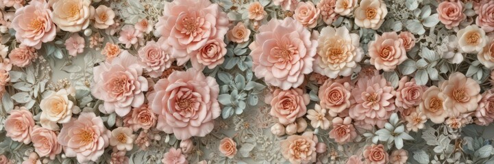 Pastel artificial flower wall, vintage floral design, lace accents, wallpaper background , photography, pretty
