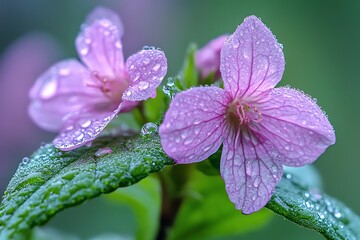 A serene closeup of purple flowers with dew in a soft, dreamy light  high resolution   for isolate image
