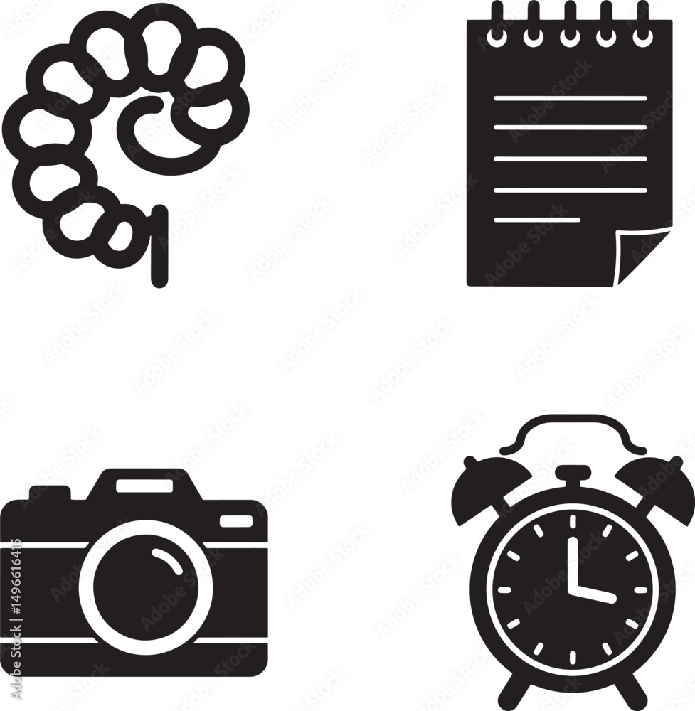 Poster simple black and white icons depicting a notebook a camera an alarm clock and more