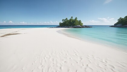 White sand beach, vibrant blue ocean, distant green island,  sun,  travel,  shore