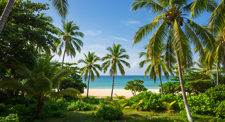 Obraz premium palm trees on a tropical beach. Idyllic Tropical Beach Paradise: Palm Trees Framing Ocean View.