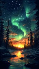 Aurora borealis over tranquil forest lake at sunset; nature wallpaper