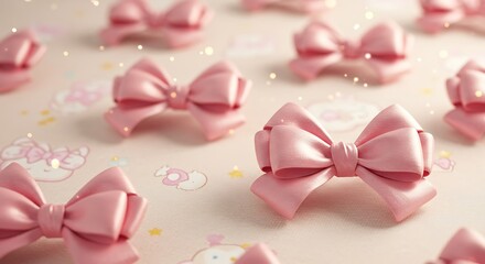 Pink Bows Arranged on Light Patterned Surface with Gold Sparks