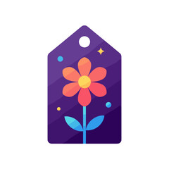 Colorful flower illustration on purple tag with decorative elements  
