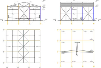 vector illustration sketch silhouette image design detail of private aircraft hangar with scale size