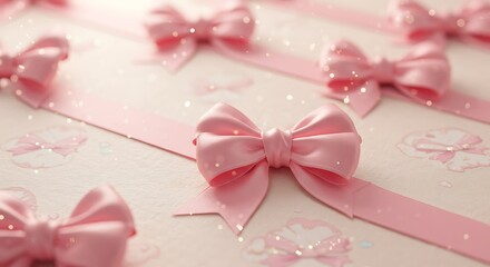 Pink Ribbon Bows Arranged on a Patterned Surface