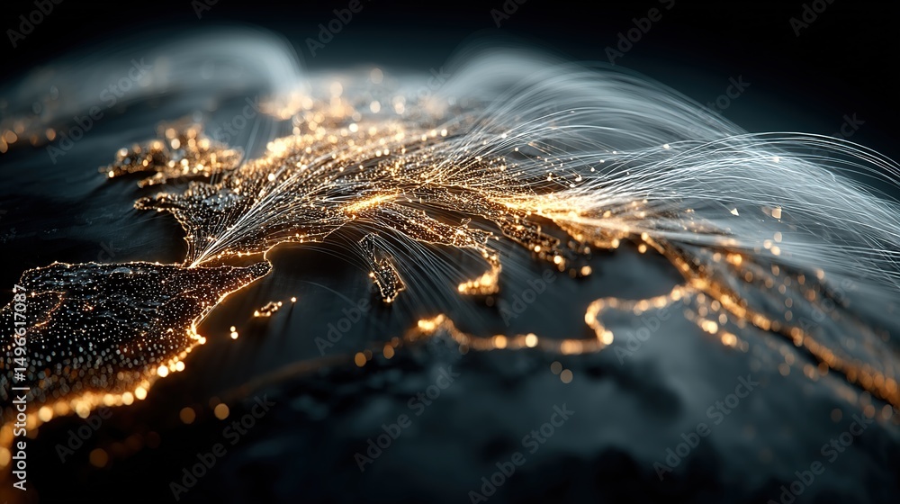 Poster global data connections and digital network visualization across europe – illuminated map of high-te