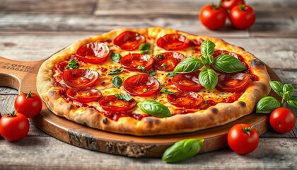 A rustic wooden board displays a succulent pepperoni pizza, adorned with ripe tomatoes and fresh basil, delicious, pizza