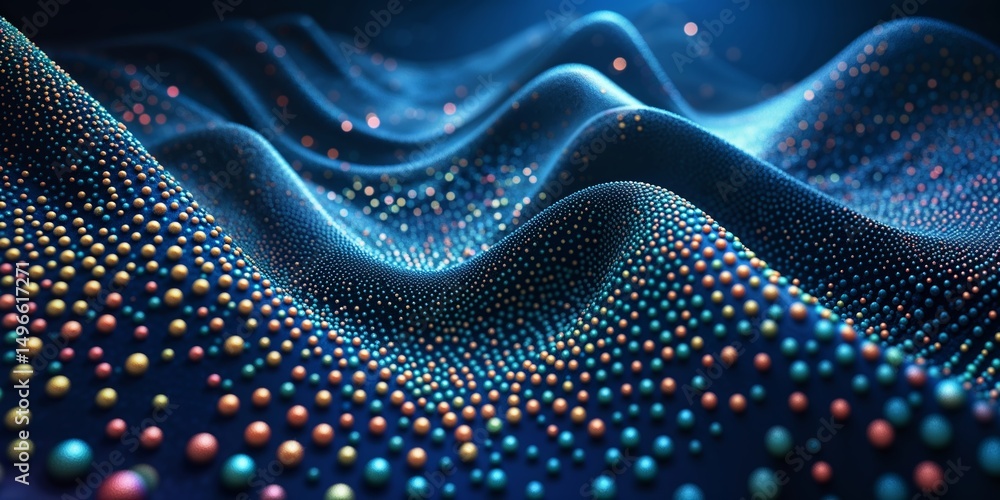 Poster colorful abstract design depicting waves of particles in a flowing formation against a dark backgrou