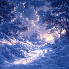 Snowy path sunset winter landscape; idyllic scene