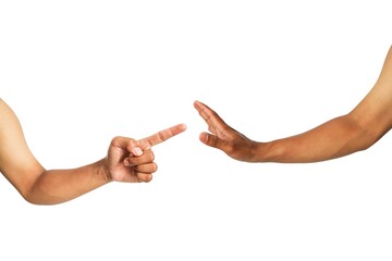 Conflict scenario with gestures: pointing finger versus outstretched hand denial