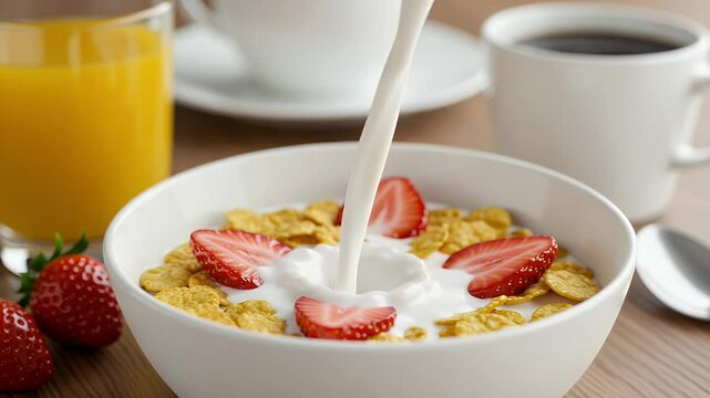 Milk pouring over cereal and strawberries