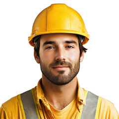 Male construction worker wearing yellow helmet and safety gear on Transparent background, Male worker in yellow helmet isolated on PNG background