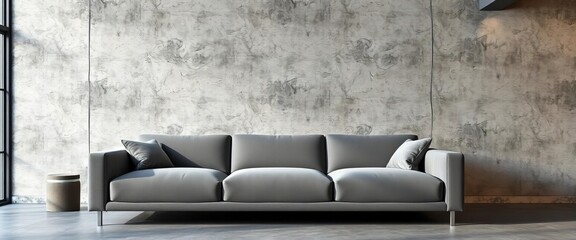 Grey sofa against a textured concrete stucco wall in a modern loft interior, couch, concrete wall