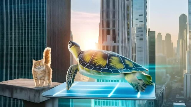 Ginger cat on a ledge watches a sea turtle fly on a glowing hoverboard past a sunlit city skyline
