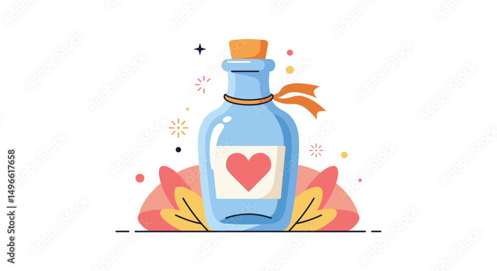 Poster message in a bottle with heart symbol and colorful floral background