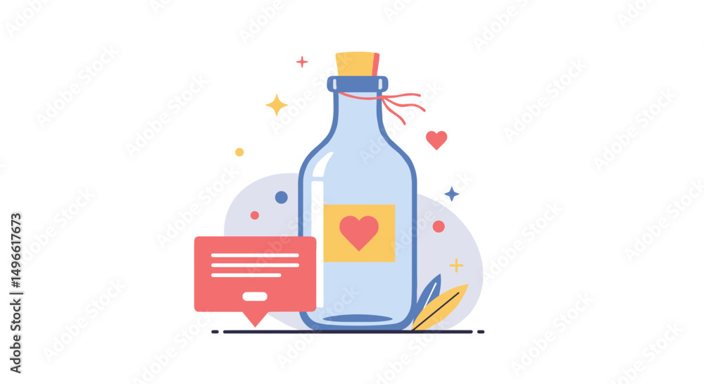 Poster message in a bottle with heart symbol and decorative elements