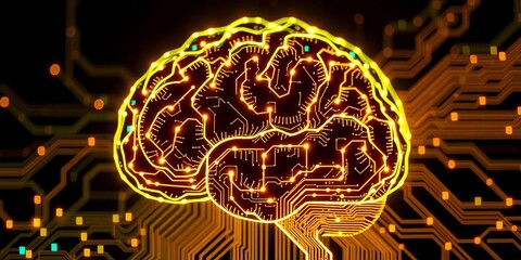 Intricate glowing circuitry forms a digital brain shape, leaving ample negative space, science, lines