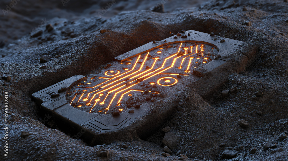 Poster futuristic glowing circuit embedded in a partially buried metallic device discovered in sandy terrai