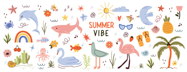 Summer, a set of trend elements: sun, pineapple, palm tree, dessert, ice cream, drinks. Fashionable modern art. Cartoon, minimalistic, abstract modern style. art template for summer postcards, banners