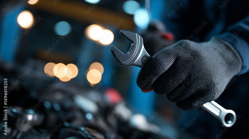 Poster close-up of a mechanic holding a wrench in a greasy glove while working on a car engine in a garage.