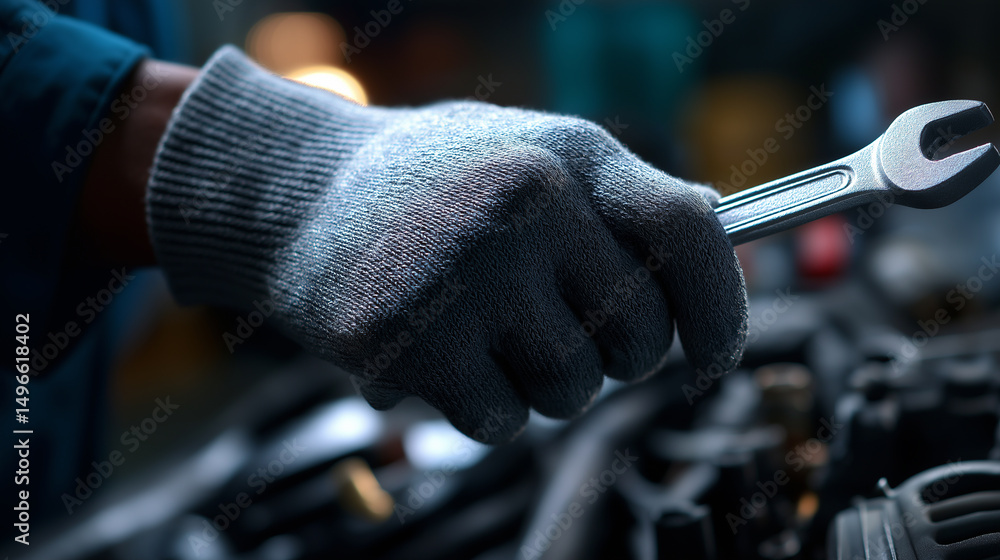 Poster close-up of a mechanic holding a wrench in a greasy glove while working on a car engine in a garage.