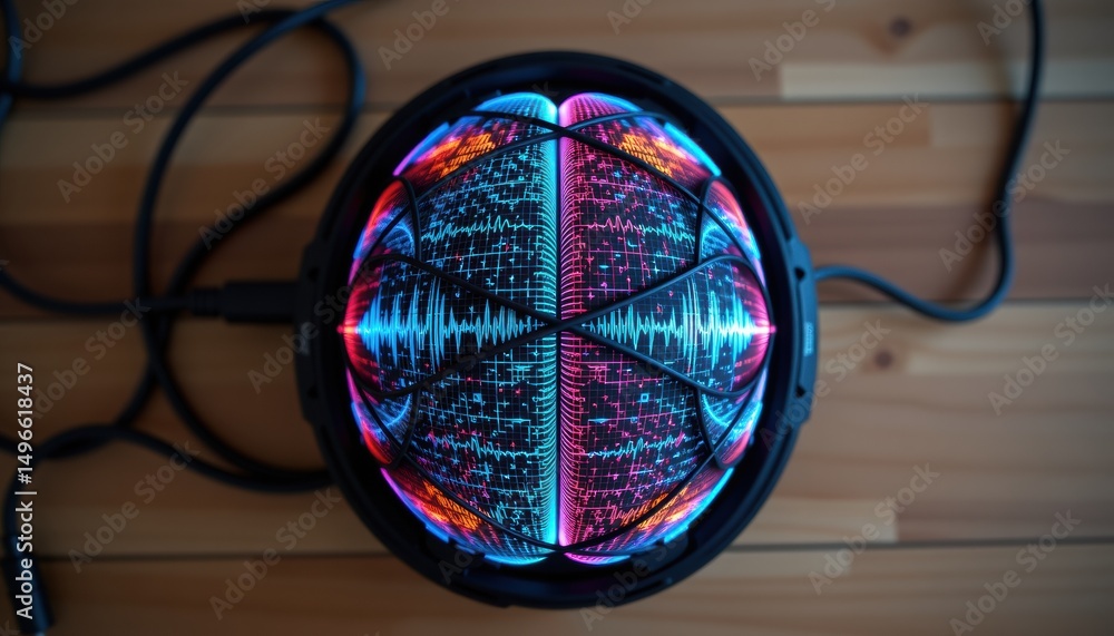 Poster colorful spherical design with intricate patterns and wires.