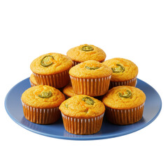 Freshly baked jalape&ntilde;o cornbread muffins on a blue plate, ready for serving