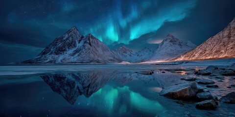Northern lights over the snowy mountains, frozen sea, reflection in water at winter night in Lofoten, Norway. Aurora borealis and snowy rocks. Landscape with polar lights, road, starry sky and fjord