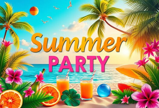 Vibrant summer beach party invitation background with colorful tropical elements, poster, digital art
