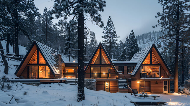 A frame cabin nestled in a snowy forest with warm lights glowing from the windows at dusk or dawn