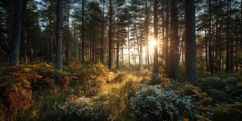 Observing the sun peeking through the trees in a forest is a serene experience, surrounded by terrestrial plants and a variety of shades of green and brown in the natural landscape 