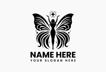 Elegant silhouette of winged woman reaching for celestial star in ornate black vector logo. Ethereal fantasy emblem  