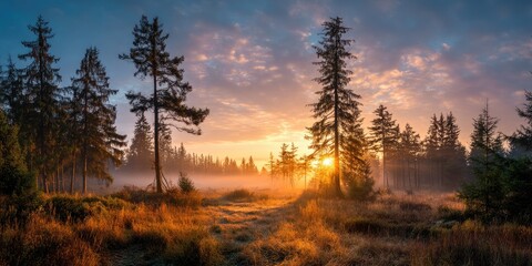 Panoramic View of Forest Clearing at Sunrise. A wide-angle shot capturing a forest clearing bathed in the warm hues of a rising sun, with mist adding a mystical touch. 