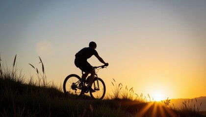 Obraz premium Cyclist silhouette against a sunset backdrop.