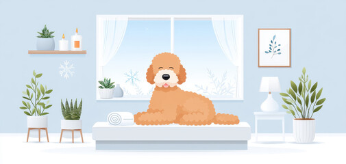 Dog enjoys relaxing massage in calm spa room filled with plants and soft light creating peaceful atmosphere for ultimate relaxation