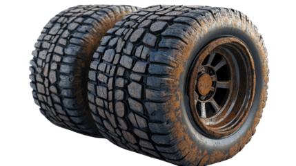 Stack of car tires isolated on white background, black rubber automotive wheels piled in a vertical arrangement, detailed tread patterns ideal for transportation, repair, garage, or vehicle service co