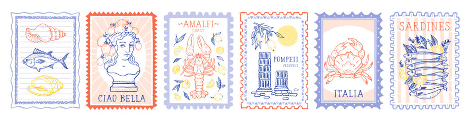 Summer Italy stamp. Lemon Amalfi beach vintage postcard. Sea summer illustration vector design. Italian Amalfi beach. Post stamp pattern. Retro Italy sea vacation. Lemon lobster tomato column frame bg