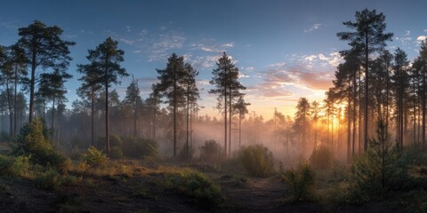 Panoramic View of Forest Clearing at Sunrise. A wide-angle shot capturing a forest clearing bathed in the warm hues of a rising sun, with mist adding a mystical touch.