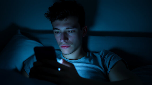 Man lying in bed at night staring at his smartphone screen, lit by a soft blue glow.
