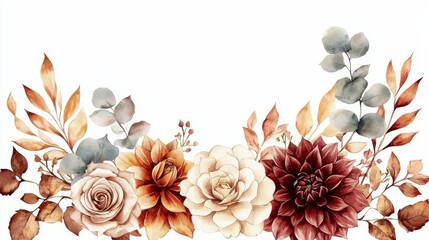 Watercolor Autumn Floral Border Dahlias, Roses and Eucalyptus, Autumn, Floral Design, Watercolor Painting, Botanical Illustration Autumn, Floral