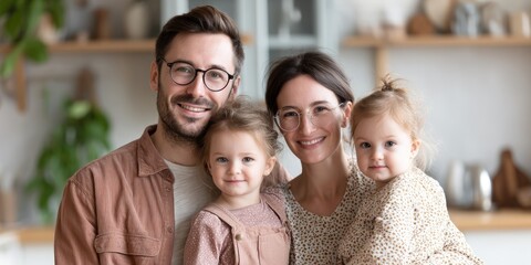 Portrait of happy parents enjoying with their kids at home and looking at camera. 