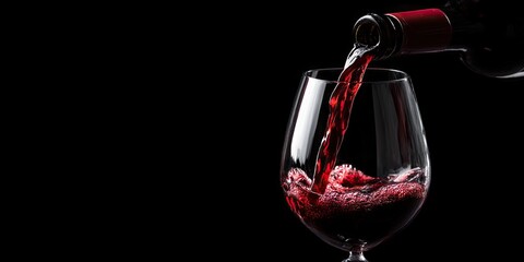 Pouring red wine into a wine glass at the black background. 