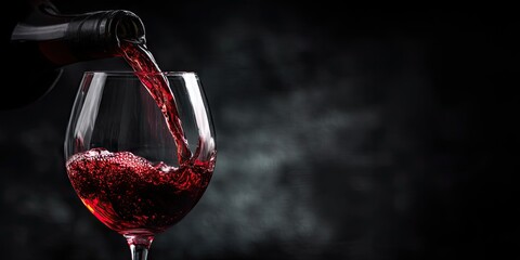 Pouring red wine into a wine glass at the black background. 
