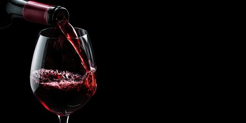Pouring red wine into a wine glass at the black background.