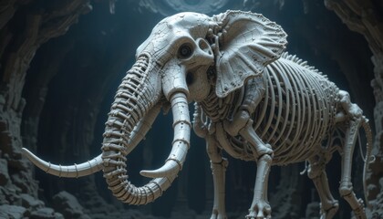 elephant skeleton sculpture with spiral tusks