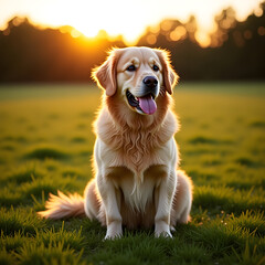 Golden Retriever at Sunset: A golden retriever dog sits in a lush green meadow, basking in the warm golden glow of the setting sun. Its tail wags softly and its tongue hangs out happily.