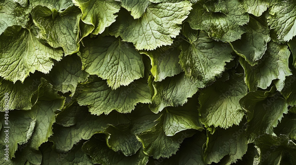 Poster close-up view of many overlapping leaves.